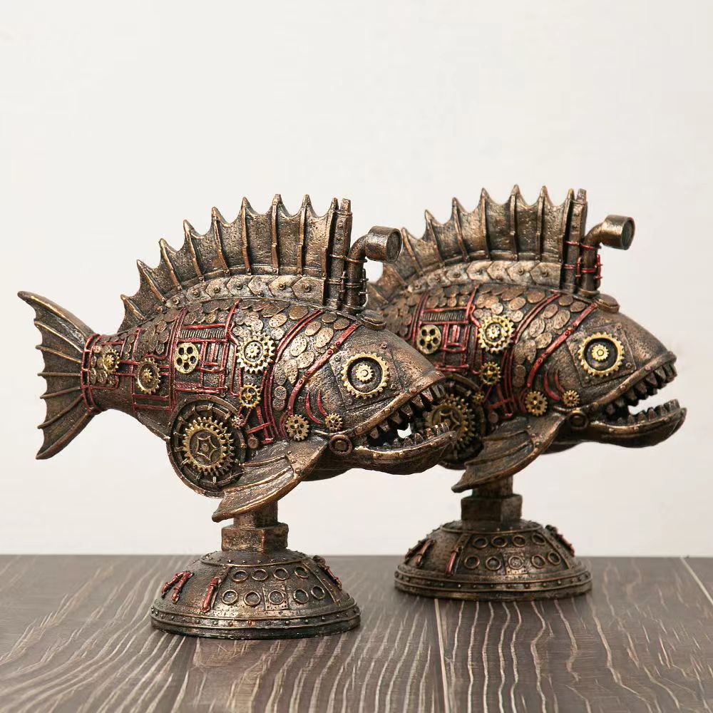 Mechanical Lantern Fish Ornaments Retro Steampunk Style Resin Antique Copper Home Decor Bar Window Cabinet