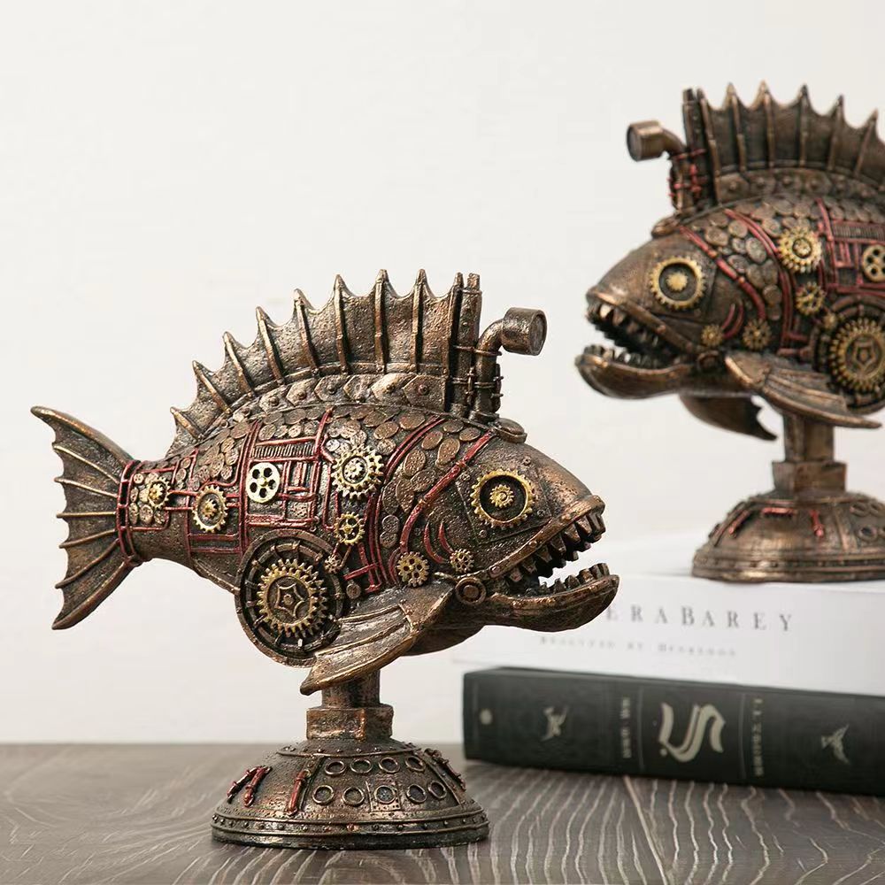 Mechanical Lantern Fish Ornaments Retro Steampunk Style Resin Antique Copper Home Decor Bar Window Cabinet