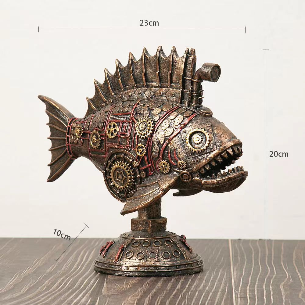 Mechanical Lantern Fish Ornaments Retro Steampunk Style Resin Antique Copper Home Decor Bar Window Cabinet